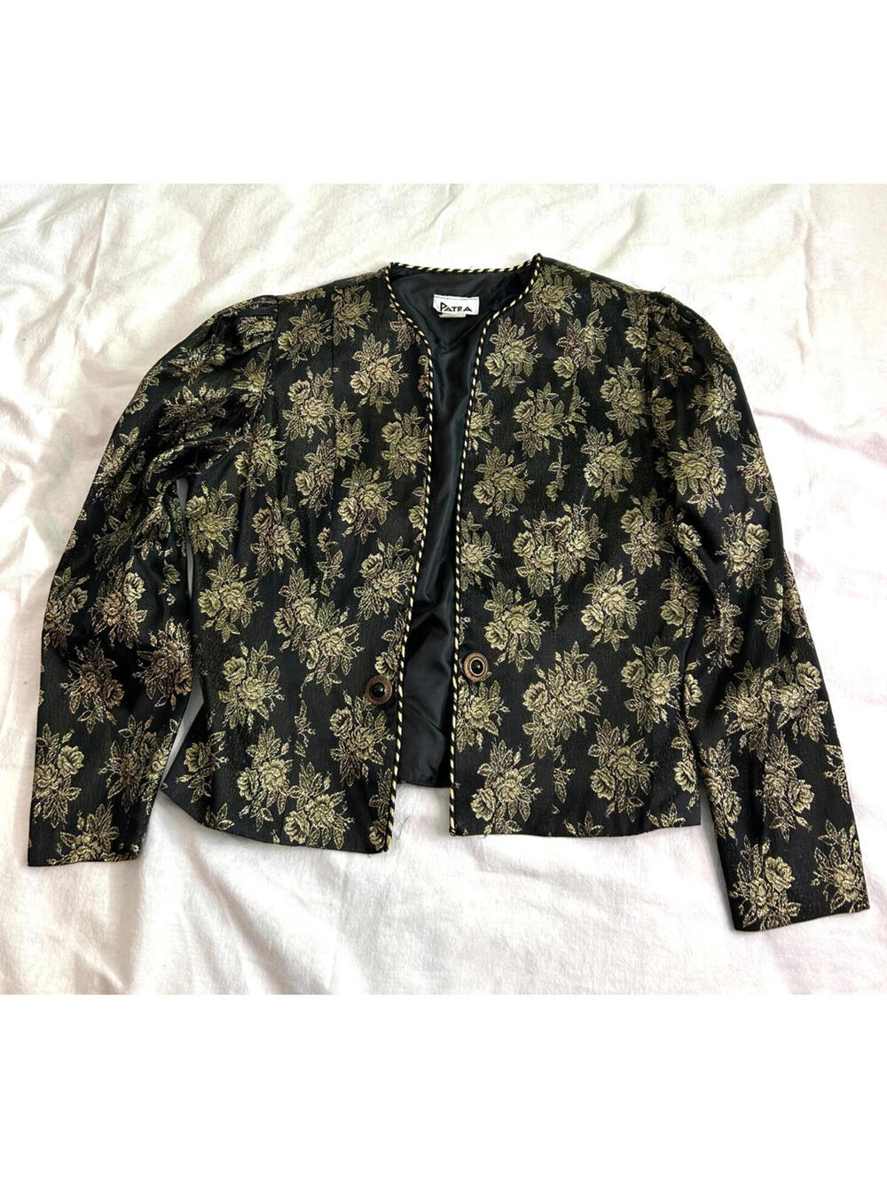 Patra Womens Jacket Size 14 Long Sleeve Evening Black Gold Snaps Buttons Floral